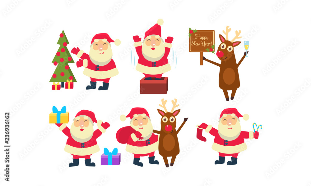 Flat vectoe set of Santa Claus in different actions. Funny reindeer, green fir tree and Christmas gifts