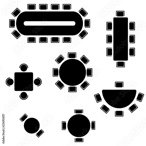 Business furniture symbols used in architecture plans icons set, top view, graphic design elements, black isolated on white background.