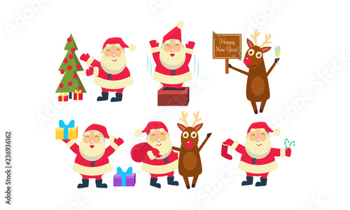 Flat vectoe set of Santa Claus in different actions. Funny reindeer  green fir tree and Christmas gifts