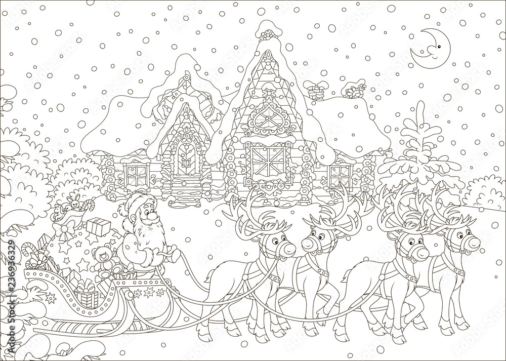 The night before Christmas, Santa Claus with a big bag of Christmas presents in his sleigh with reindeers beginning the magic journey around the world, black and white vector illustration in a cartoon