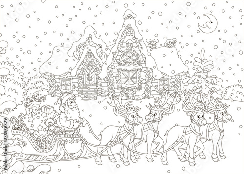The night before Christmas, Santa Claus with a big bag of Christmas presents in his sleigh with reindeers beginning the magic journey around the world, black and white vector illustration in a cartoon