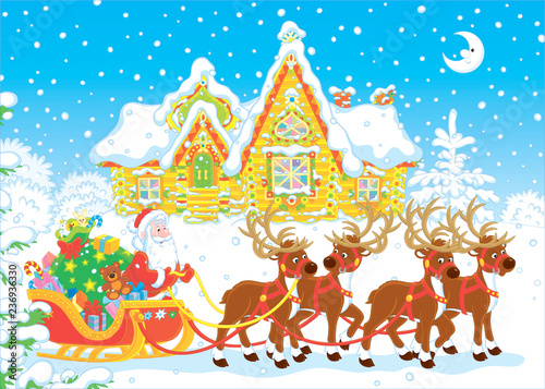 The night before Christmas, Santa Claus with a big bag of Christmas presents in his sleigh with reindeers beginning the magic journey around the world, vector illustration in a cartoon style