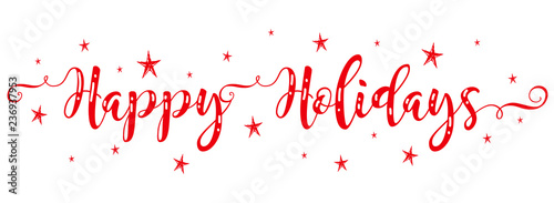 Happy Holidays vector brush calligraphy banner with stars snowflakes red color