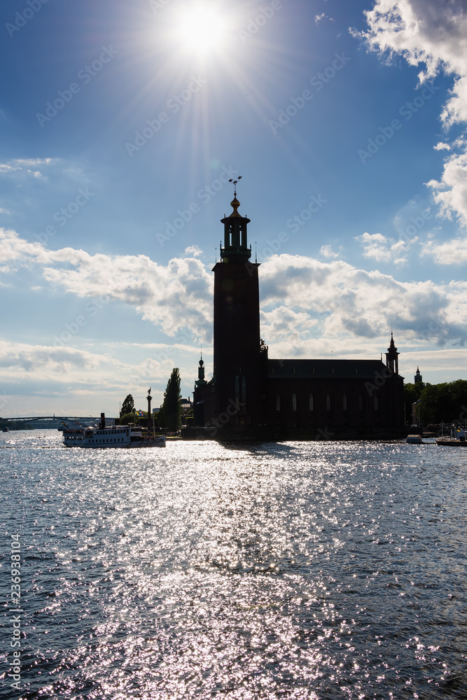 Stockholm city hall silhouette in a summer sunny day, view from baltic sea. Sweden