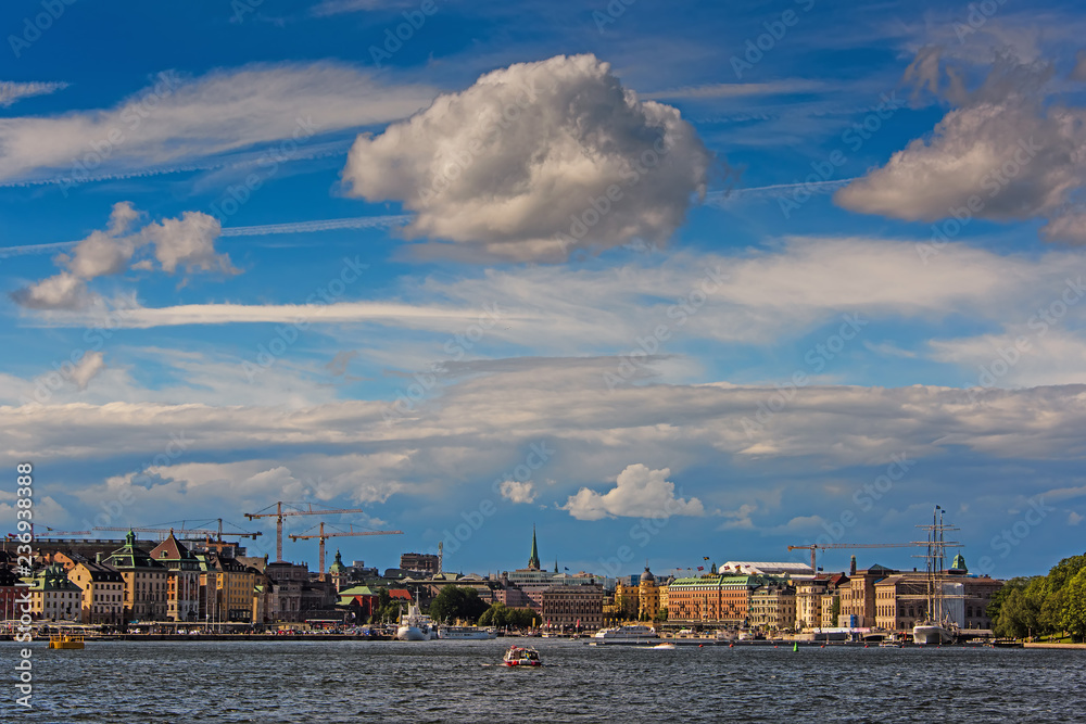 Scenic summer view of the Old Town pier architecture in Stockholm. Stockholm harbor Sweden