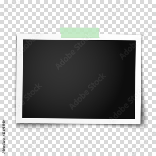 Realistic vector photo frame with straight edges on sticky tape placed horizontally. Template photo design.