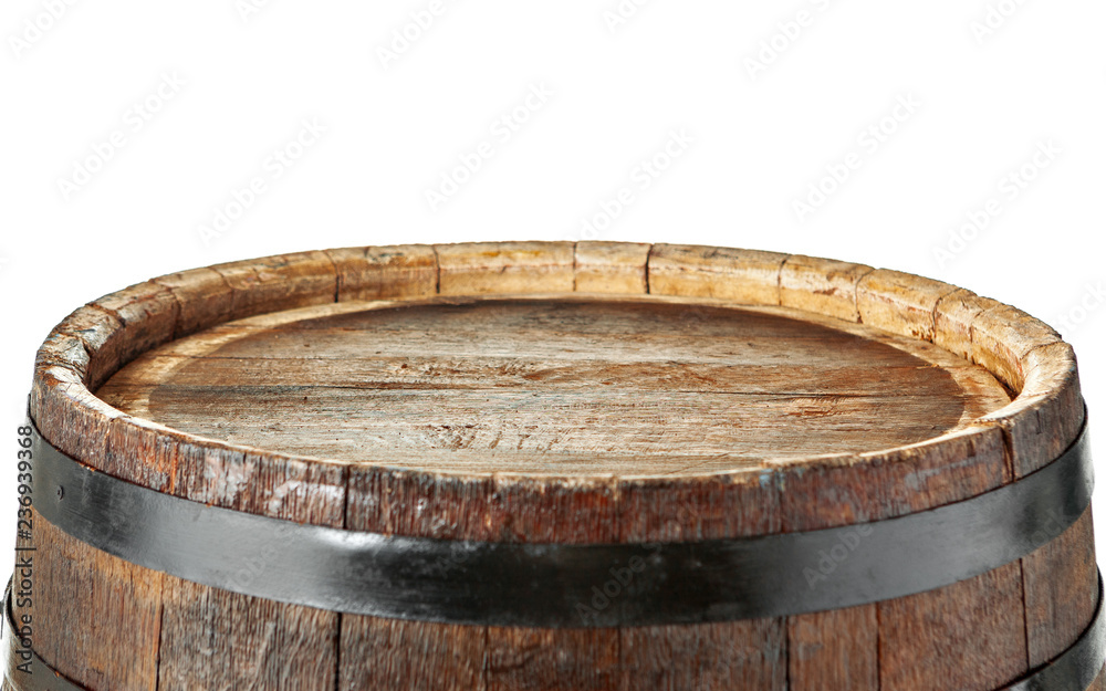 Wooden barrel with iron rings. Isolated on white background.