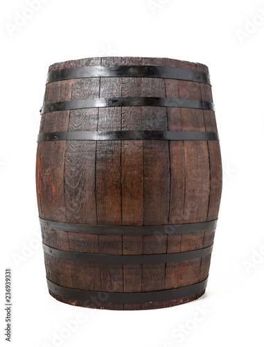 Vászonkép Wooden barrel with iron rings. Isolated on white background.