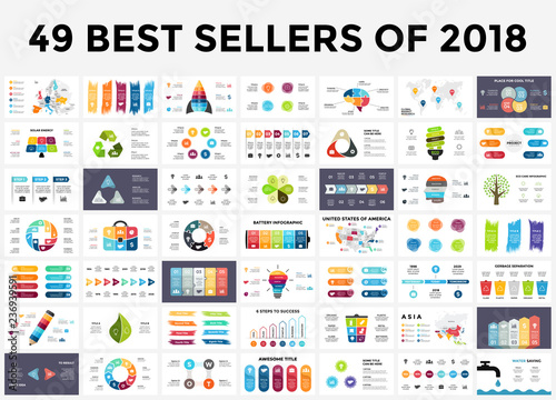 Best infographic templates of 2018. Presentation slides set. Circle diagrams, timelines, light bulb, puzzle brain head, brush stroke banners. Medicine, education, ecology, business infographics. photo