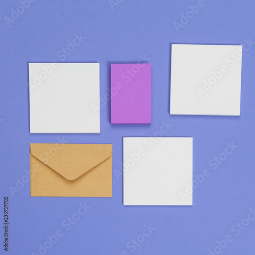 mock up concept. cards Papers on purple background. Top view, flat lay, copy space