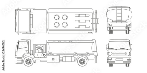 Air fuel truck in outline style. Front, side, top and back view. Maintenance of aircraft. Airfield transport. Tanker for airplane. Industrial blueprint