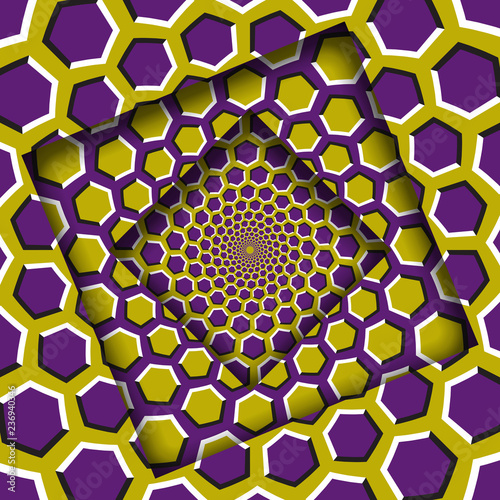 Abstract shifted frames with a moving yellow purple hexagons pattern. Optical illusion background.
