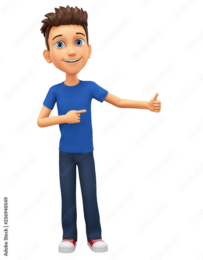 ภาพประกอบสต็อก Character cartoon guy in blue t-shirt points to the