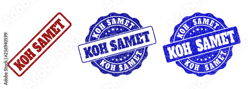 KOH SAMET grunge stamp seals in red and blue colors. Vector KOH SAMET overlays with grunge texture. Graphic elements are rounded rectangles, rosettes, circles and text titles.