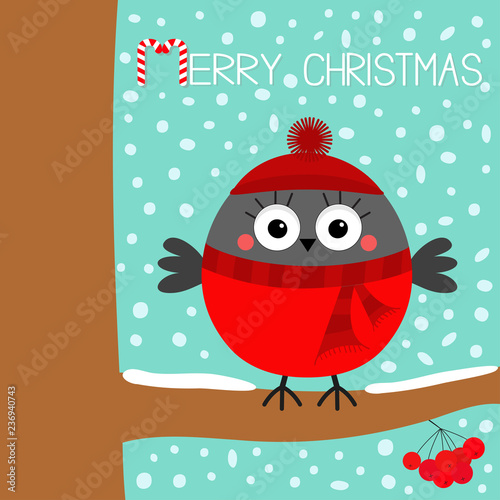 Merry Christmas. Bullfinch winter bird on rowan rowanberry sorb berry tree branch. Red hat, scarf. Candy cane. Cute cartoon baby character. Happy New Year. Flat design. Blue snow flake background.