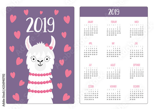 Alpaca llama and love hearts. Simple pocket calendar layout 2019 new year. Week starts Sunday. Cute cartoon character. Vertical orientation. Flat design. Violet background.