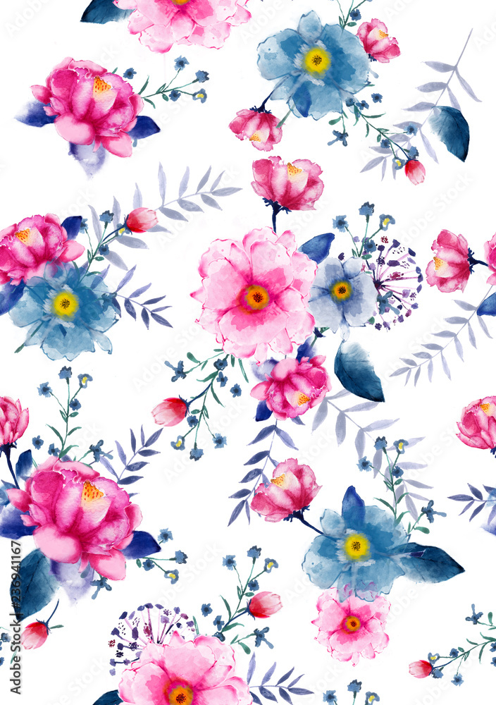Beautiful seamless watercolour illustration wild blooming floral pattern, delicate flowers, pink, blue and light pink flowers Beautiful seamless watercolour illustration wild blooming floral pattern, delicate flowers, pink, blue and light pink flowers