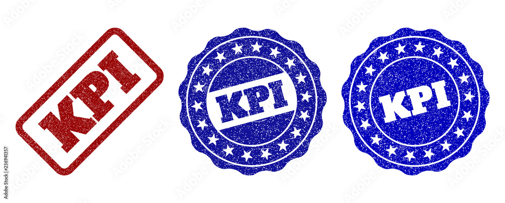KPI grunge stamp seals in red and blue colors. Vector KPI labels with ...