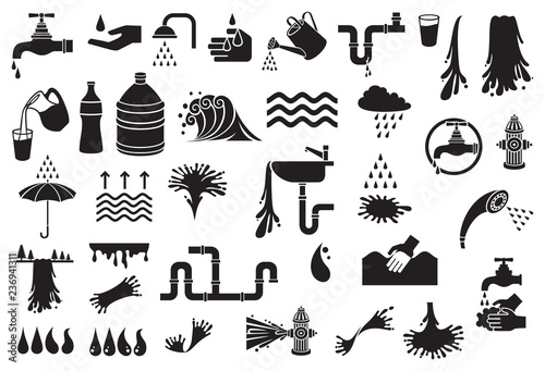 water icons vector set (design elements - watering can, faucet, droplet, cloud and rain, fire hydrant, shower head, kitchen sink, umbrella, glass, waterfall)