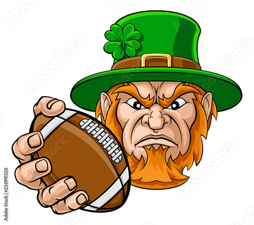 A leprechaun American football sports mascot holding a ball 