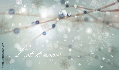 Winter background with tree branch decorations Vector watercolor illustration...