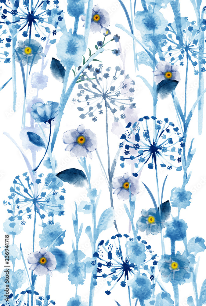 Fototapeta Watercolor monotone in blue wild floral pattern, delicate flower wallpaper