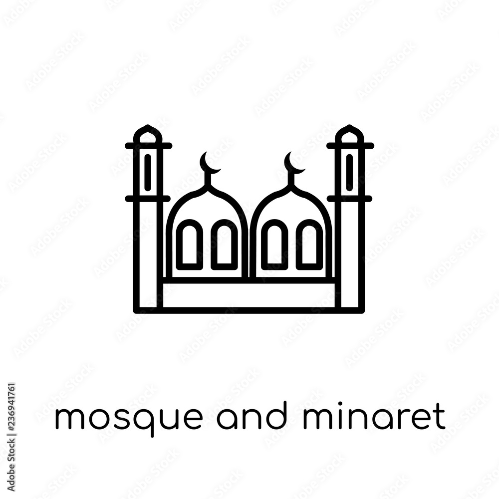 Mosque and Minaret icon. Trendy modern flat linear vector Mosque and Minaret icon on white background from thin line Religion collection