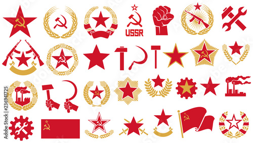 Communism and socialism vector icons set (gear, fist, star, hammer, sickle, USSR star, wreath of wheat, automatic rifle, factory, Soviet emblem) photo