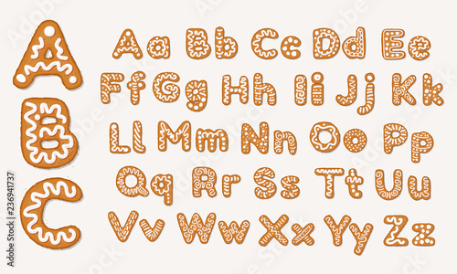 Christmas or New Year gingerbread cookies alphabet, capital letters and lower case alphabet. Set of isolated alphabet covered icing-sugar and syrup. Full English ABC. Vector cartoon illustration