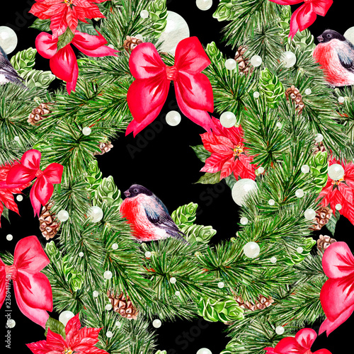 Beautiful watercolor Christmas pattern with bullfinch birds, pine cones and C...