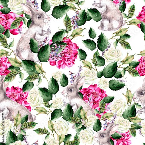 Watercolor pattern with Fanny banny, green leaves, peony and roses flowers.