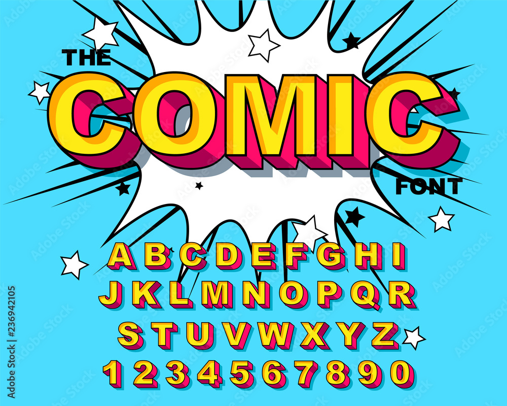 Comic Alphabet. Retro pink. Letters, numbers for kids illustrations,