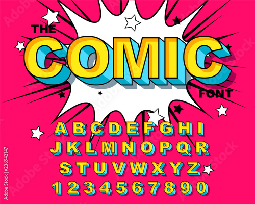 Comic Alphabet. Retro pink. Letters  numbers for kids illustrations 
