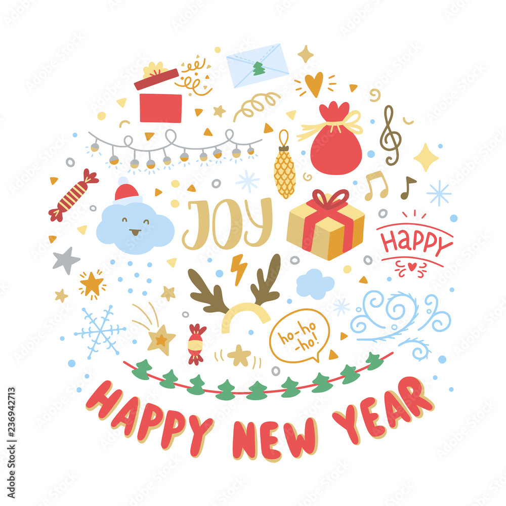 Fototapeta premium Merry Christmas and Happy new year vector illustrations. Doodle winter season graphic elements on white background