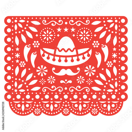 Papel Picado vector floral design with sombrero and chili peppers, Mexican paper decorations template in orange, traditional fiesta banner