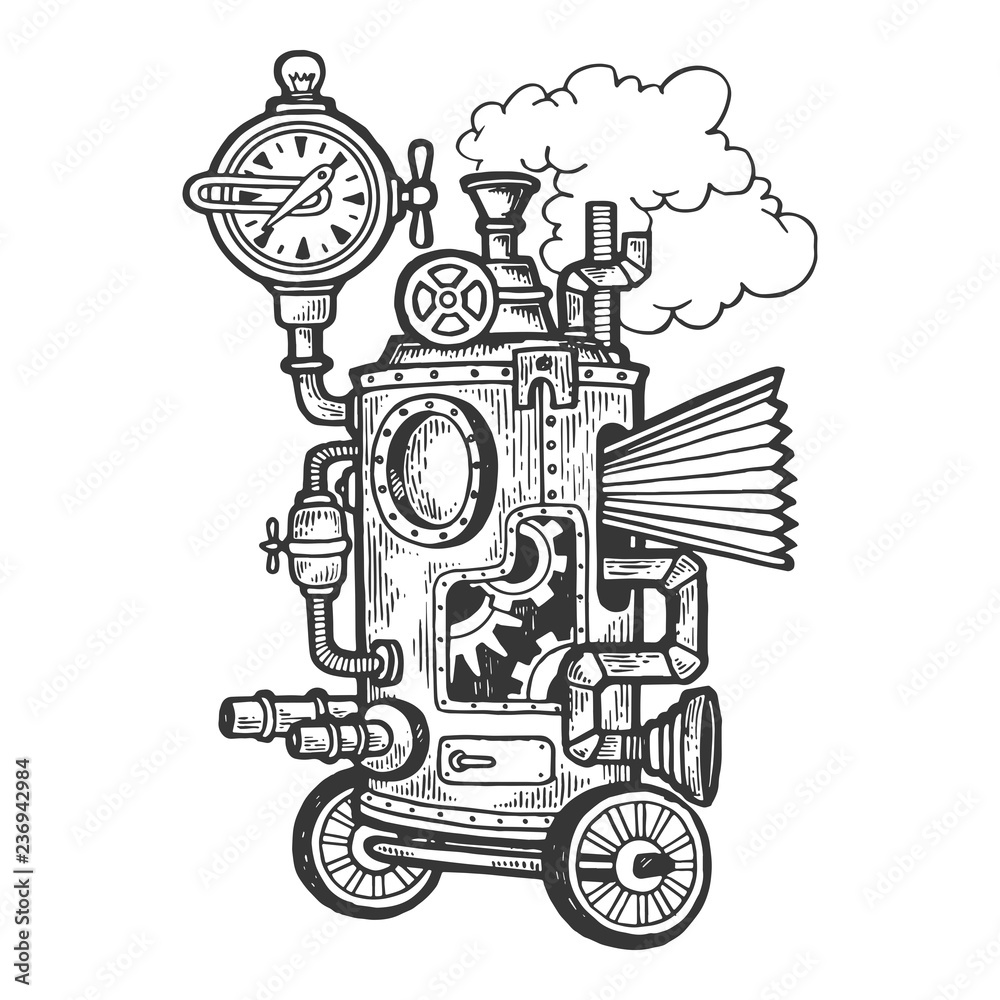 Fantastic steam punk machine engraving vector illustration. Scratch board style imitation. Black and white hand drawn image.