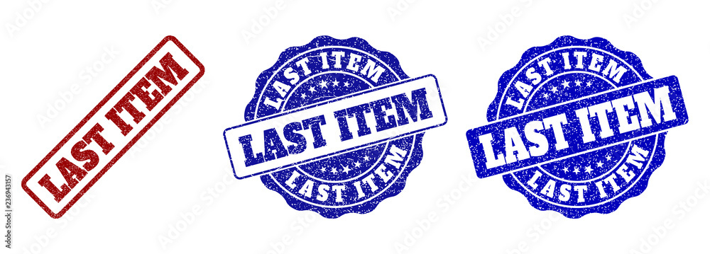 LAST ITEM grunge stamp seals in red and blue colors. Vector LAST ITEM marks with scratced texture. Graphic elements are rounded rectangles, rosettes, circles and text labels. LAST ITEM grunge stamp seals in red and blue colors. Vector LAST ITEM marks with scratced texture. Graphic elements are rounded rectangles, rosettes, circles and text labels.