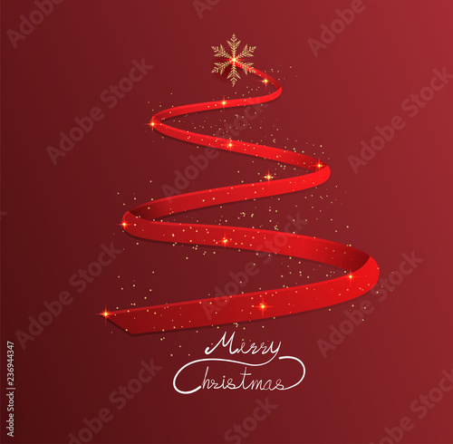 christmas tree by ribbon on red background,christmas ,happy new year.