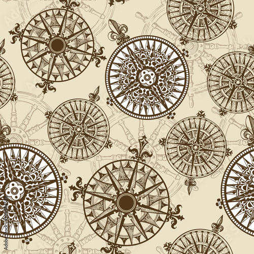 Windrose. Design element of vintage nautical maps. Vector seamless pattern. Hand-drawn sketch
