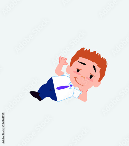 Businessman in casual style lying, greets with a dreamy expression.