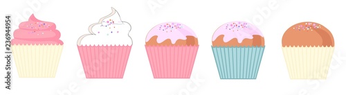 set of colorful delicious cupcakes, cakes, desserts. Cupcake icons, flat style. Vector. elements for new year, holiday cards, birthday cards
