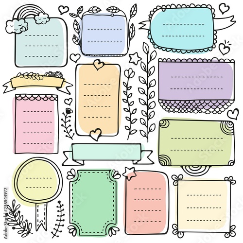 Bullet journal hand drawn vector elements for notebook, diary and planner. Doodle frames isolated on white background. 