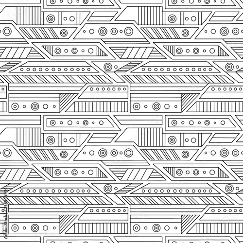 Geometric vector seamless pattern with different geometrical forms. Square, triangle, rectangle, lines. Modern techno design. Abstract background. Graphic black and white Illustration