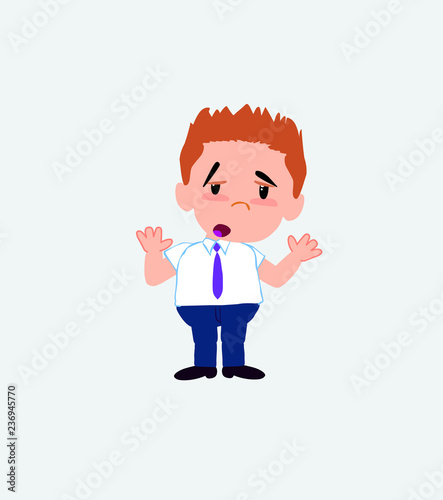 Businessman in casual style makes a gesture of tired resignation.