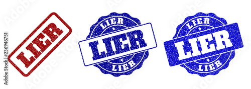LIER grunge stamp seals in red and blue colors. Vector LIER signs with grunge surface. Graphic elements are rounded rectangles, rosettes, circles and text labels. Designed for rubber stamp imitations.