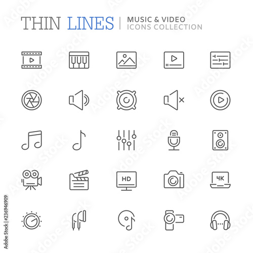 Collection of music and video related line icons