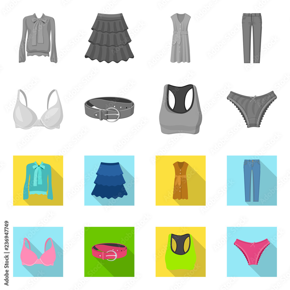 Isolated object of woman and clothing icon. Collection of woman and wear stock vector illustration. Isolated object of woman and clothing icon. Collection of woman and wear stock vector illustration.