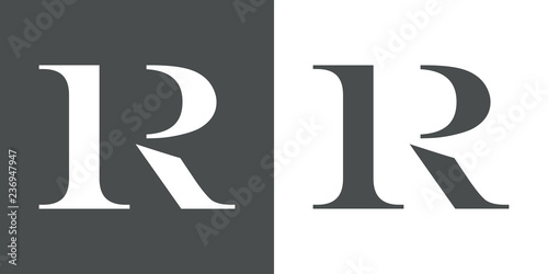 Icono plano letra R espacio negativo en gris y blanco