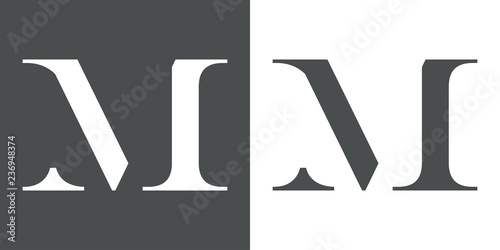 Icono plano letra M espacio negativo en gris y blanco