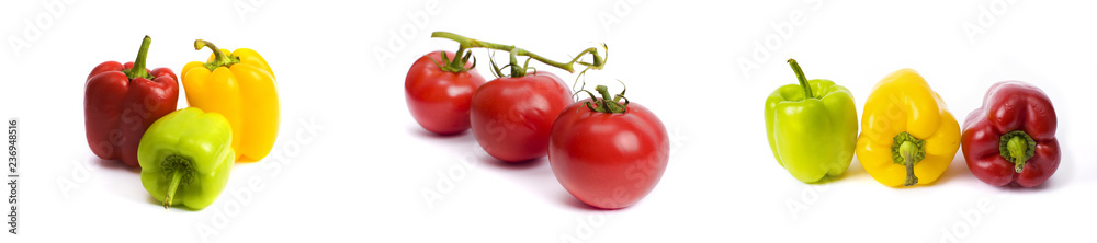 Tomatoes and sweet peppers on a white background. Red and yellow peppers on a white background. Tomatoes with colorful peppers in the composition. Tomatoes and sweet peppers on a white background. Red and yellow peppers on a white background. Tomatoes with colorful peppers in the composition.